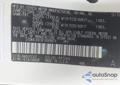 2015 Toyota Sienna Le 8 Passenger z USA, uszkodzony, nr VIN 5TDKK3DC9FS689874